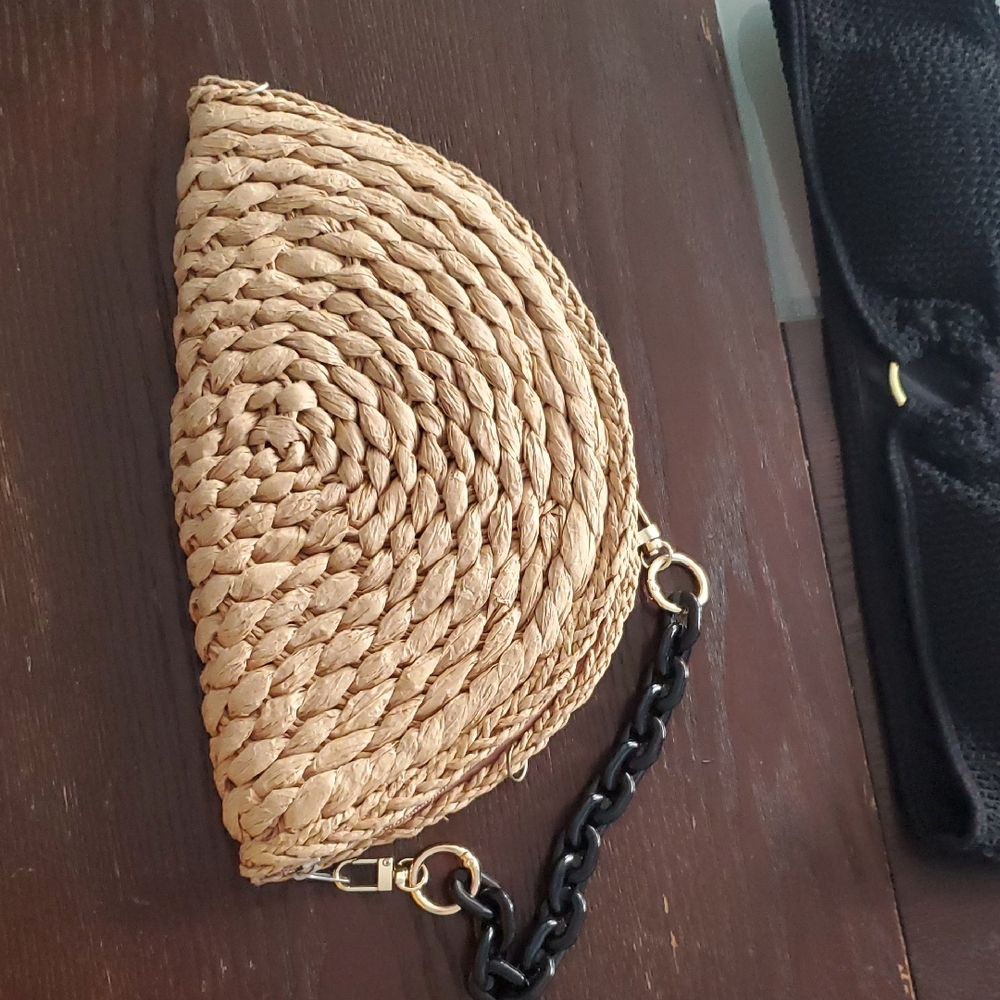 Tan and Black Spiral-Woven Clutch with Dark Accents